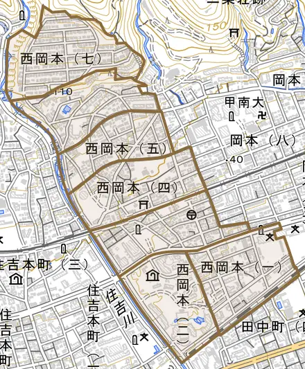 西岡本とその周辺の地図。町の範囲を重ねている