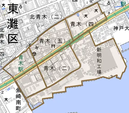 青木とその周辺の地図。町の範囲を重ねている