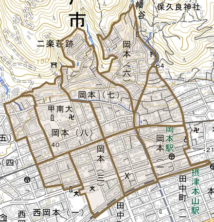 岡本とその周辺の地図。町の範囲を重ねている