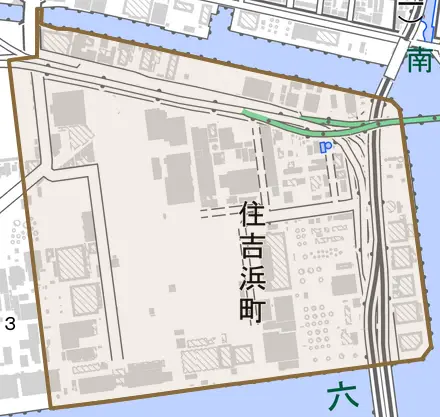 住吉浜町とその周辺の地図。町の範囲を重ねている