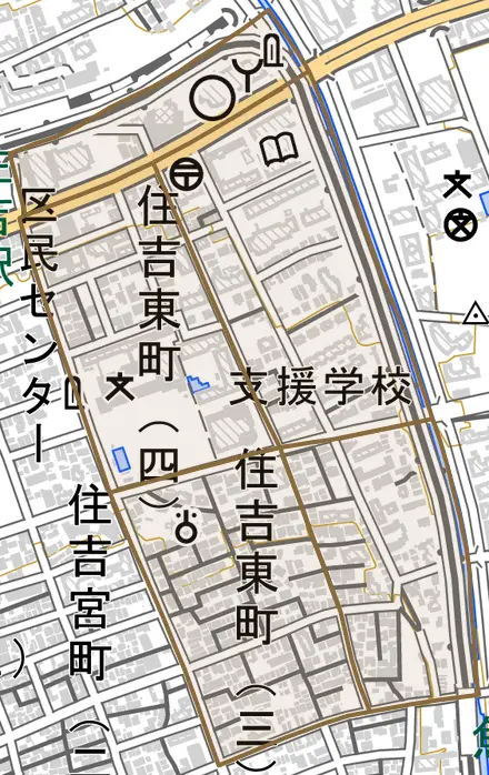 住吉東町とその周辺の地図。町の範囲を重ねている
