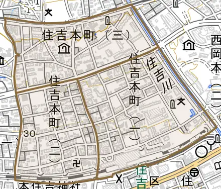 住吉本町とその周辺の地図。町の範囲を重ねている