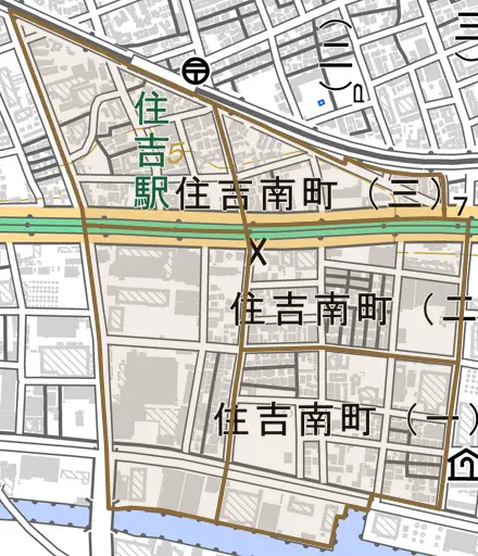 住吉南町とその周辺の地図。町の範囲を重ねている