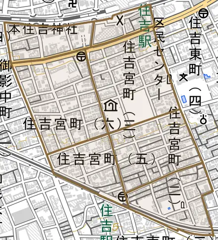 住吉宮町とその周辺の地図。町の範囲を重ねている