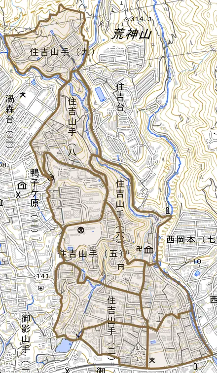 住吉山手とその周辺の地図。町の範囲を重ねている