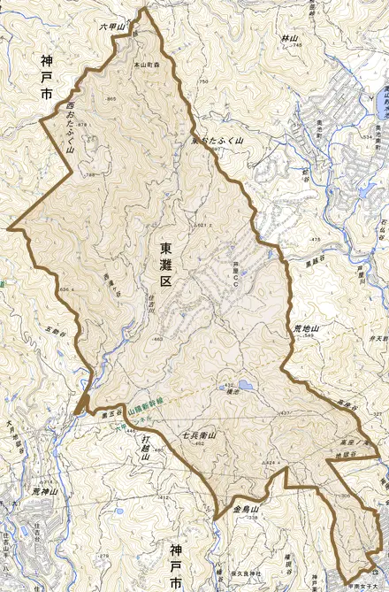 本山町森とその周辺の地図。町の範囲を重ねている