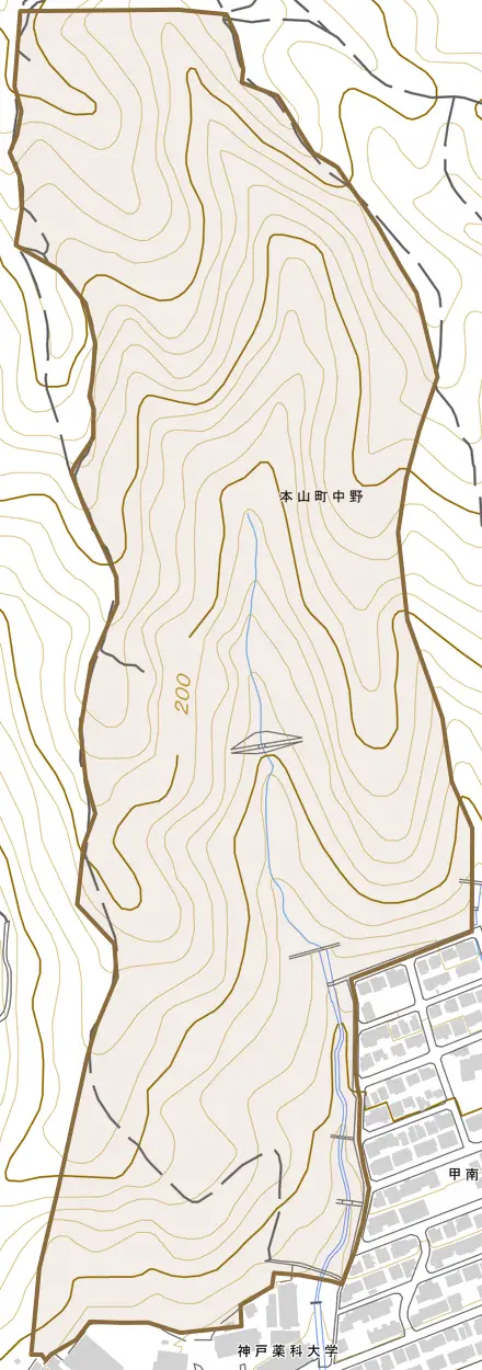 本山町中野とその周辺の地図。町の範囲を重ねている