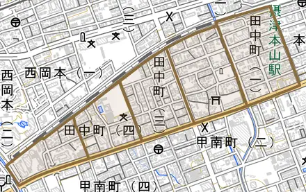 田中町とその周辺の地図。町の範囲を重ねている