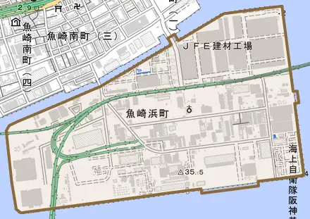 魚崎浜町とその周辺の地図。町の範囲を重ねている
