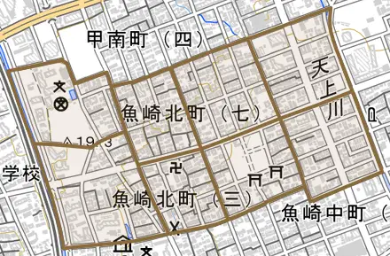 魚崎北町とその周辺の地図。町の範囲を重ねている