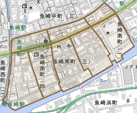 魚崎南町とその周辺の地図。町の範囲を重ねている