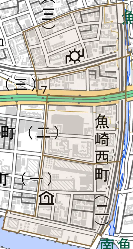 魚崎西町とその周辺の地図。町の範囲を重ねている