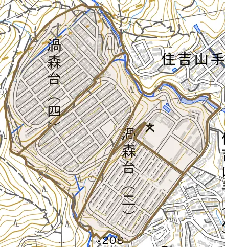 渦森台とその周辺の地図。町の範囲を重ねている