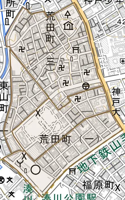 荒田町とその周辺の地図。町の範囲を重ねている