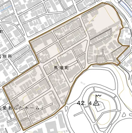 馬場町とその周辺の地図。町の範囲を重ねている