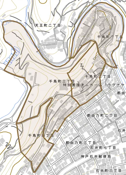 千鳥町とその周辺の地図。町の範囲を重ねている