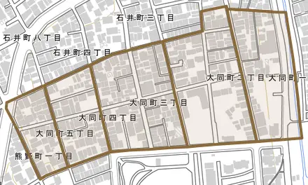 大同町とその周辺の地図。町の範囲を重ねている