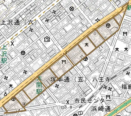 大開通とその周辺の地図。町の範囲を重ねている
