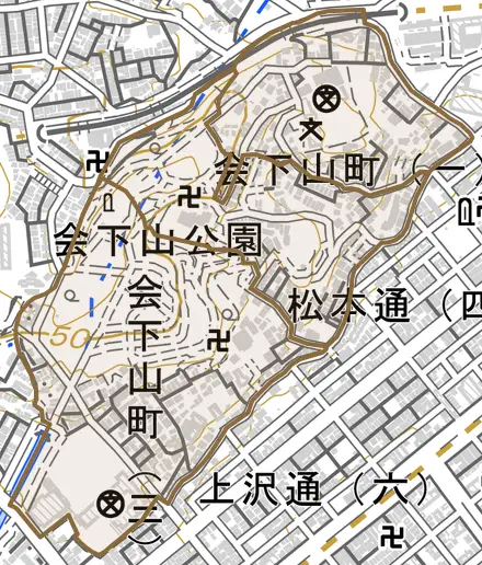 会下山町とその周辺の地図。町の範囲を重ねている