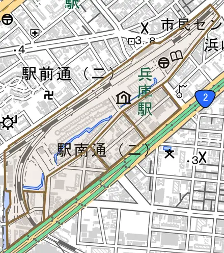 駅南通とその周辺の地図。町の範囲を重ねている