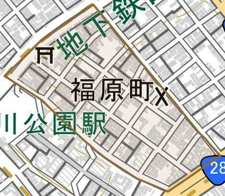 福原町とその周辺の地図。町の範囲を重ねている