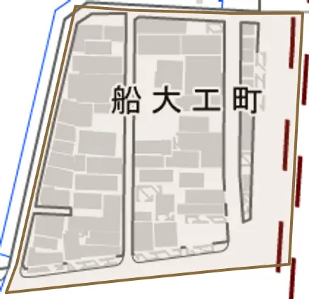 船大工町とその周辺の地図。町の範囲を重ねている