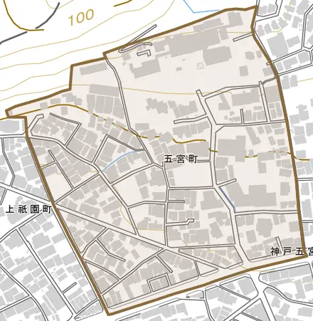 五宮町とその周辺の地図。町の範囲を重ねている