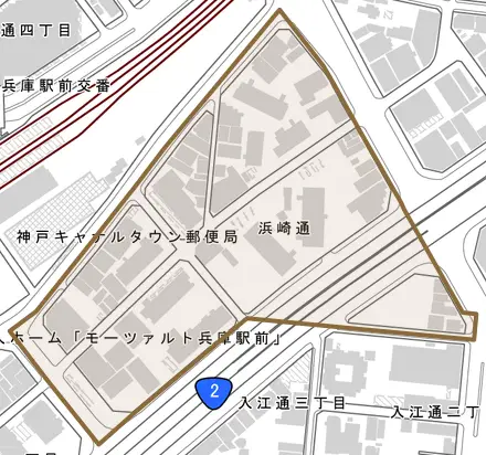 浜崎通とその周辺の地図。町の範囲を重ねている