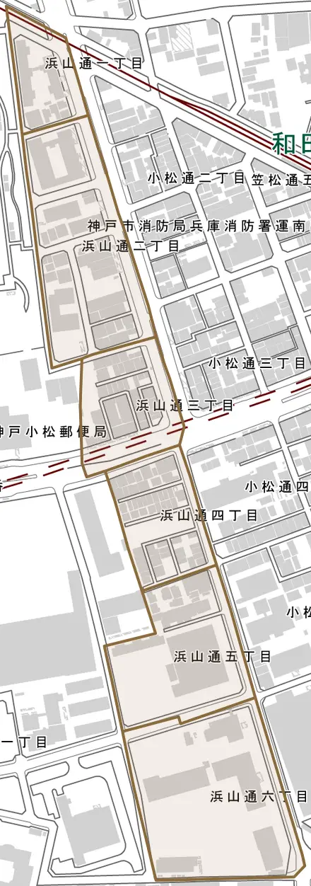 浜山通とその周辺の地図。町の範囲を重ねている