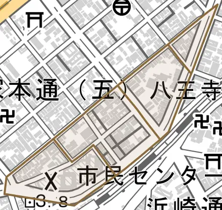 羽坂通とその周辺の地図。町の範囲を重ねている