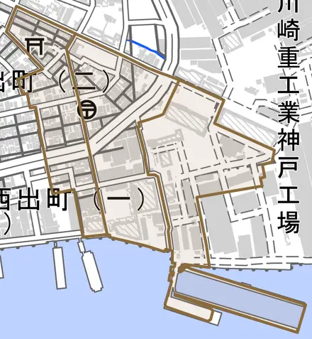 東出町とその周辺の地図。町の範囲を重ねている