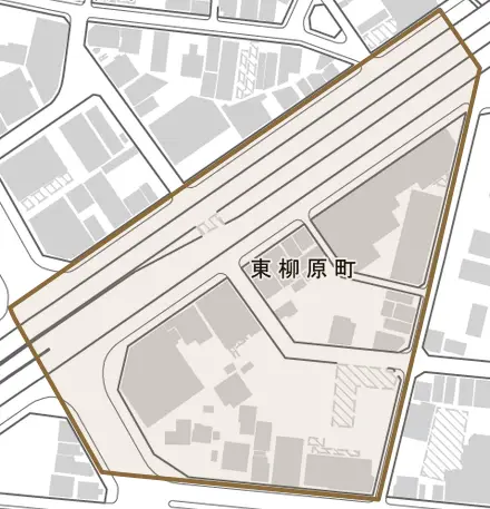 東柳原町とその周辺の地図。町の範囲を重ねている