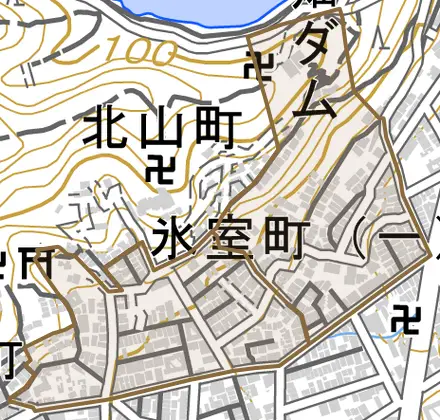 氷室町とその周辺の地図。町の範囲を重ねている