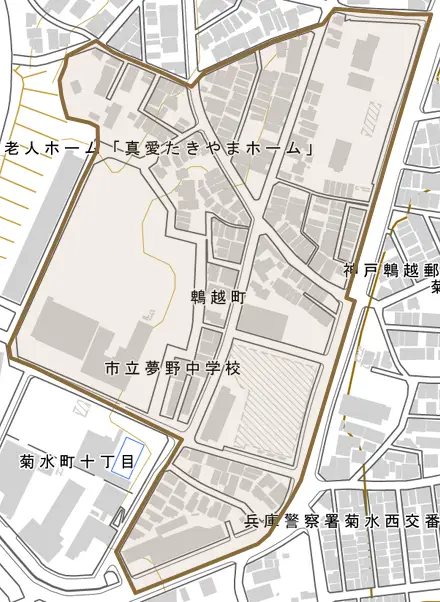 鵯越町とその周辺の地図。町の範囲を重ねている