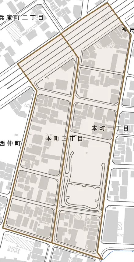本町とその周辺の地図。町の範囲を重ねている