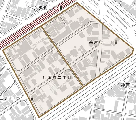 兵庫町とその周辺の地図。町の範囲を重ねている