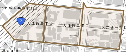 入江通とその周辺の地図。町の範囲を重ねている