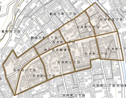 石井町とその周辺の地図。町の範囲を重ねている