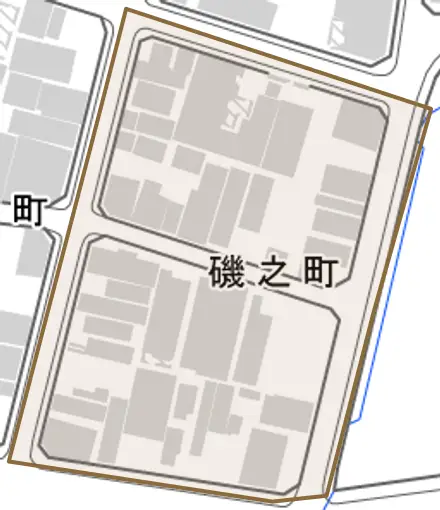 磯之町とその周辺の地図。町の範囲を重ねている