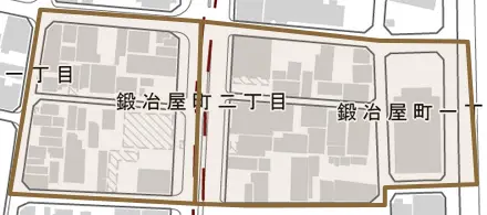 鍛冶屋町とその周辺の地図。町の範囲を重ねている