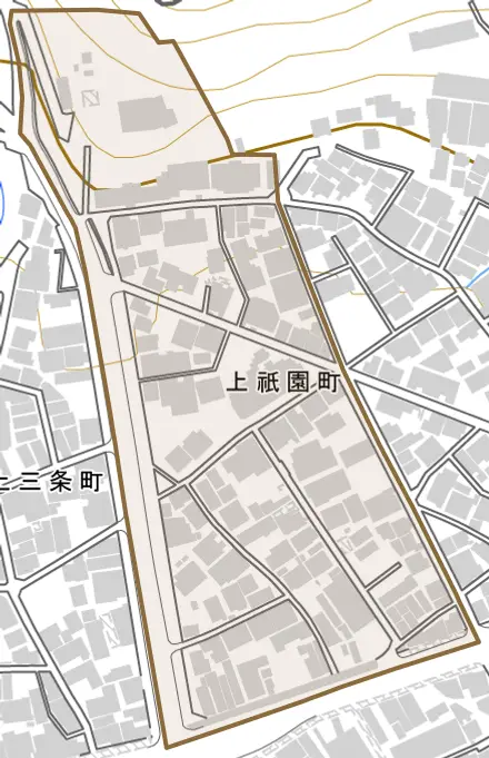 上祇園町とその周辺の地図。町の範囲を重ねている
