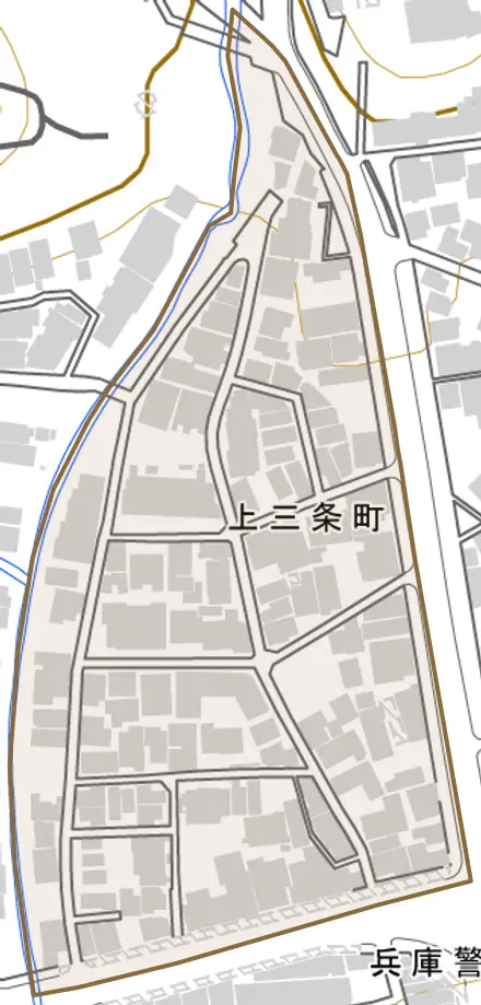 上三条町とその周辺の地図。町の範囲を重ねている