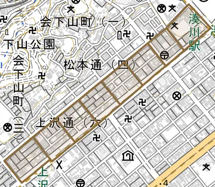 上沢通とその周辺の地図。町の範囲を重ねている