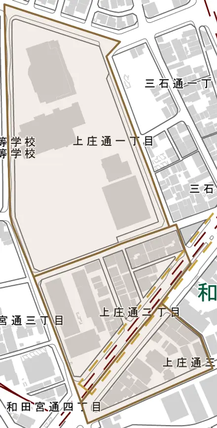 上庄通とその周辺の地図。町の範囲を重ねている
