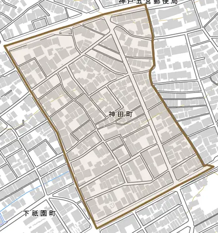 神田町とその周辺の地図。町の範囲を重ねている