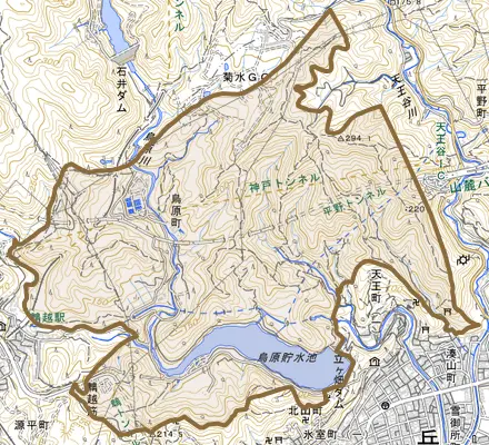 烏原町とその周辺の地図。町の範囲を重ねている