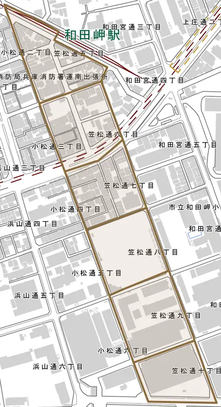 笠松通とその周辺の地図。町の範囲を重ねている