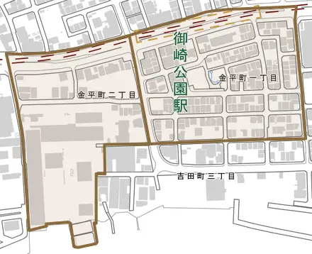 金平町とその周辺の地図。町の範囲を重ねている
