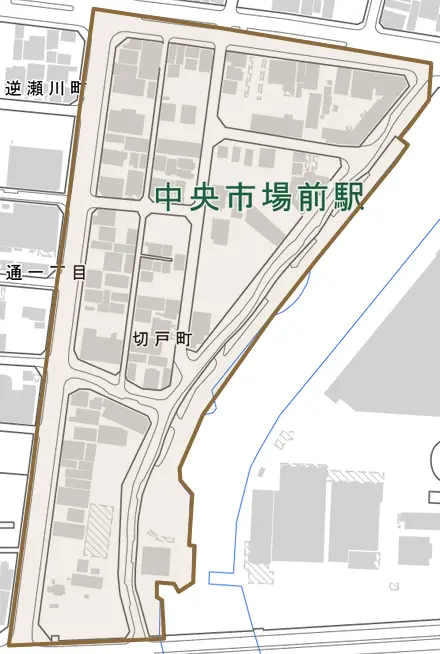 切戸町とその周辺の地図。町の範囲を重ねている