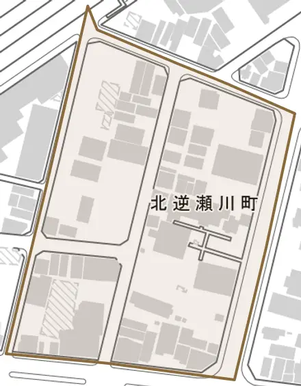 北逆瀬川町とその周辺の地図。町の範囲を重ねている
